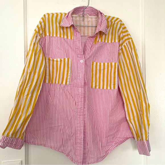 Tops - Pink and orange striped relaxed button down